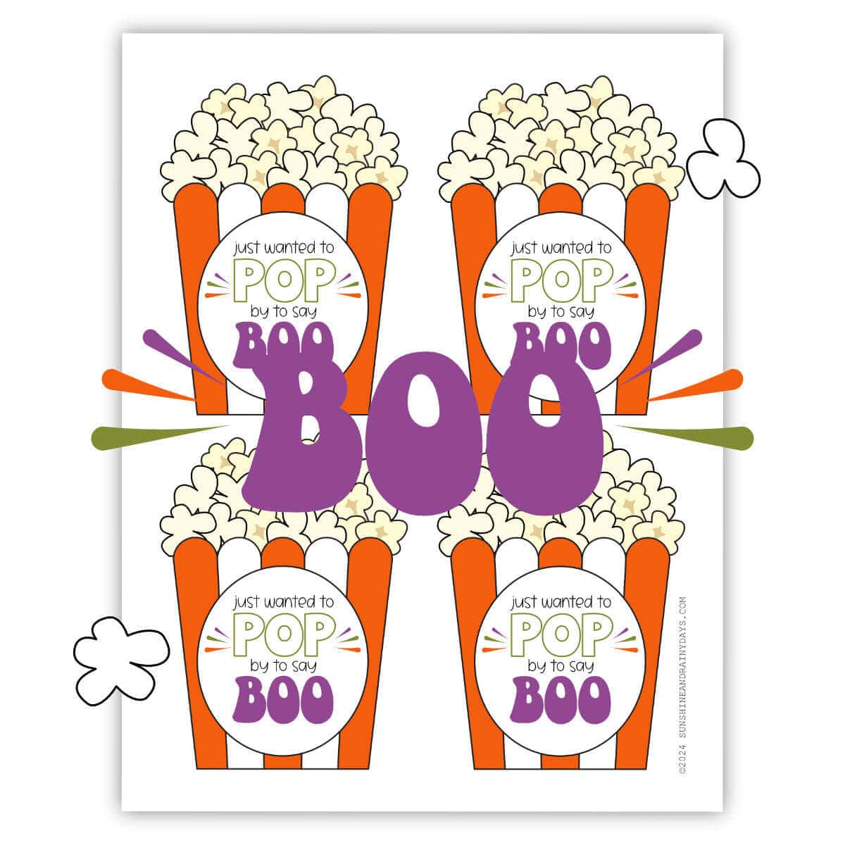 Four microwave popcorn tags on one page to print. Each says Just Wanted To Pop By To Say Boo.