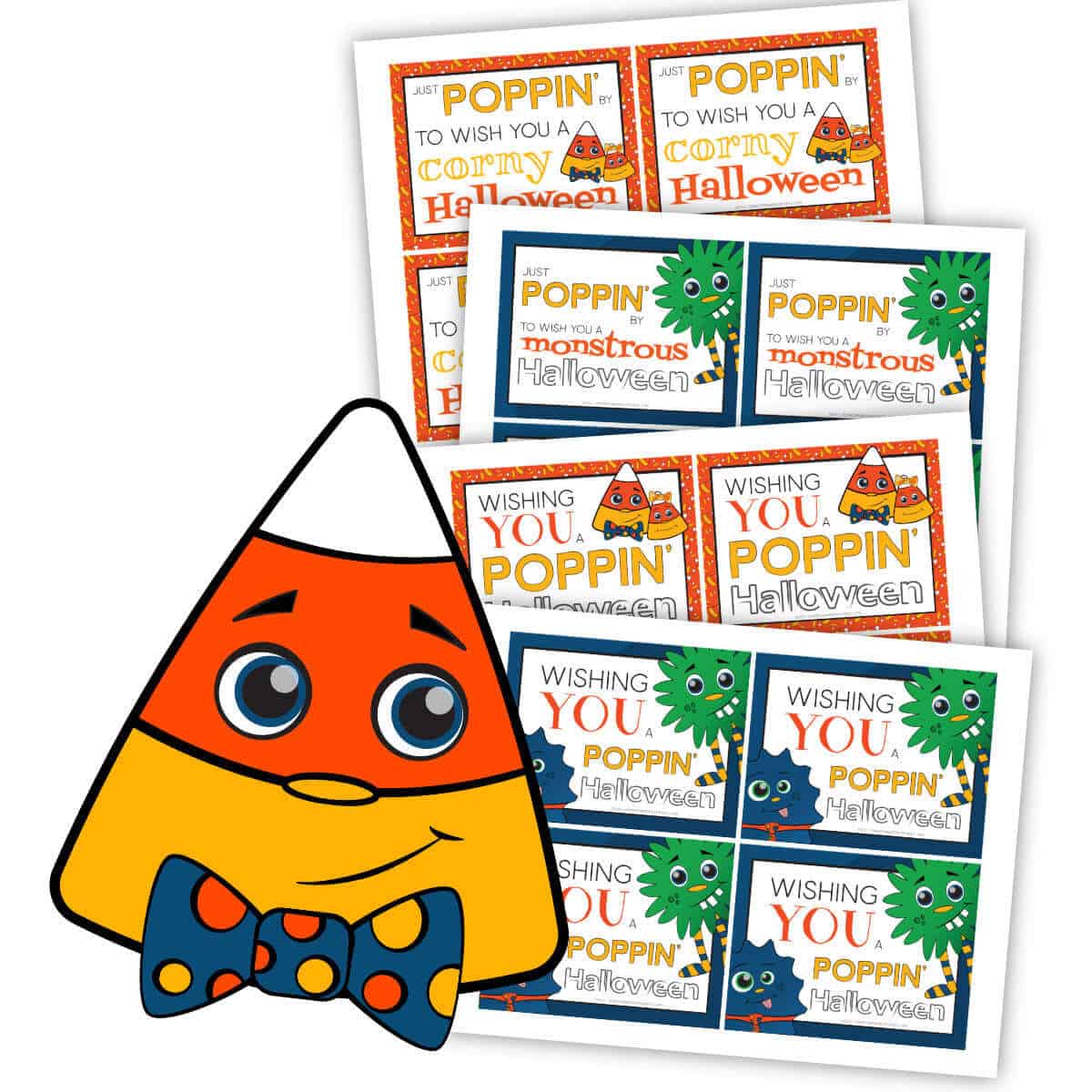 Image of printable Halloween popcorn tags for trick-or-treaters.