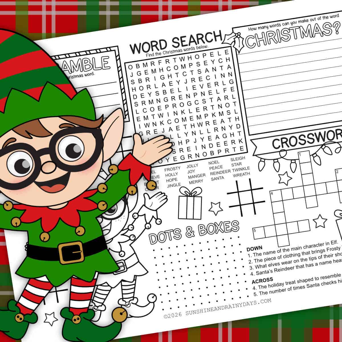 Image of a clipart elf next to a printable Christmas activity sheet.