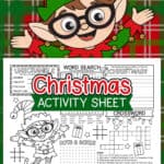 Image of a clipart elf behind a printable Christmas activity sheet.