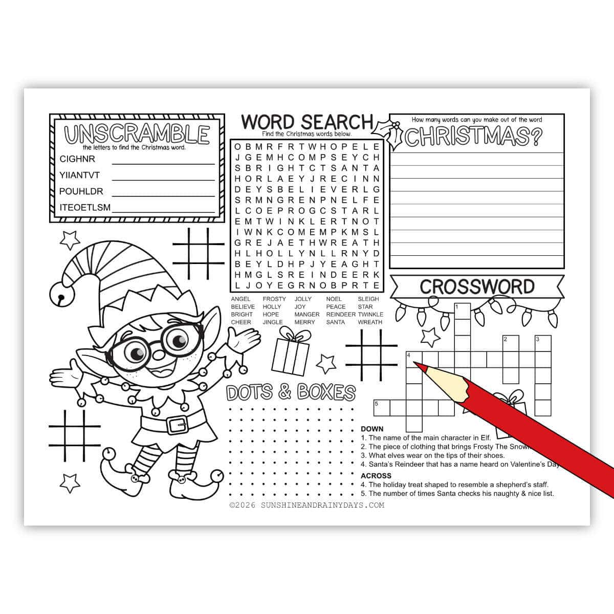 Image of a printable page with Christmas activities on it with a clipart red pencil.