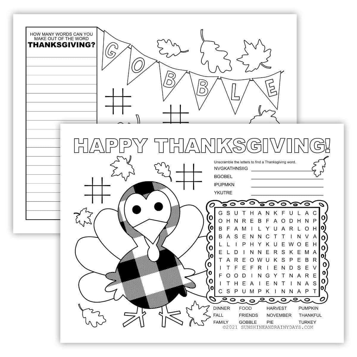 Image of a two-page printable Thanksgiving placemat activity sheet.