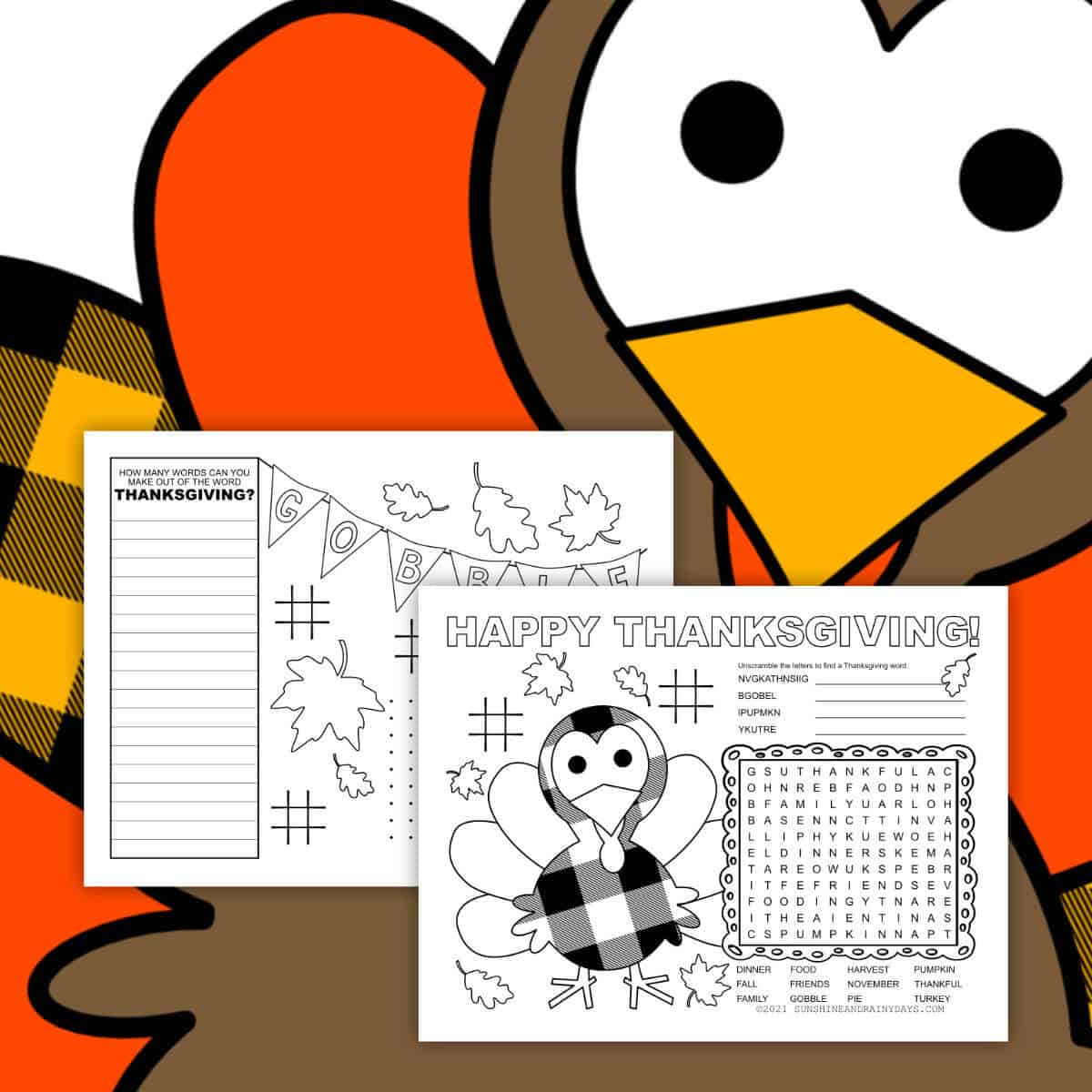 Image of a two-page Thanksgiving activity placemat with a clipart turkey behind them.