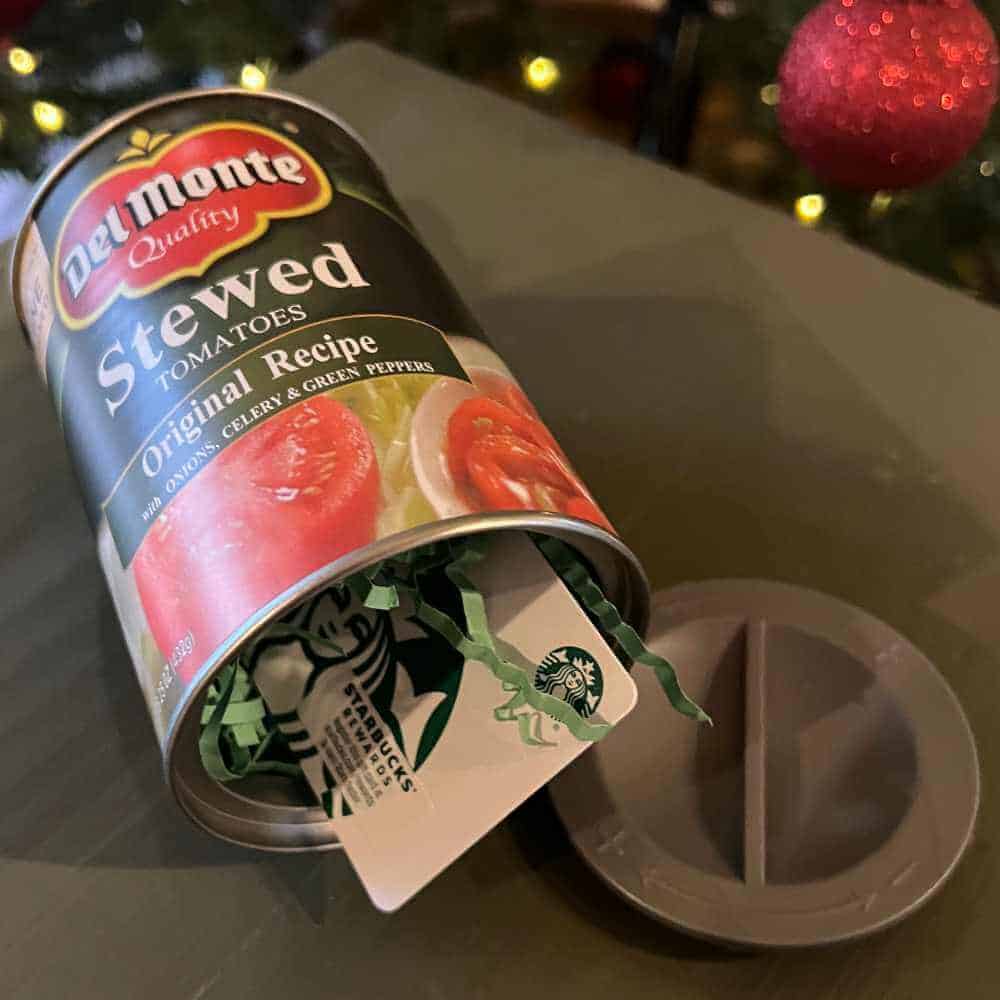 Stewed Tomatoes can as a gift card holder.