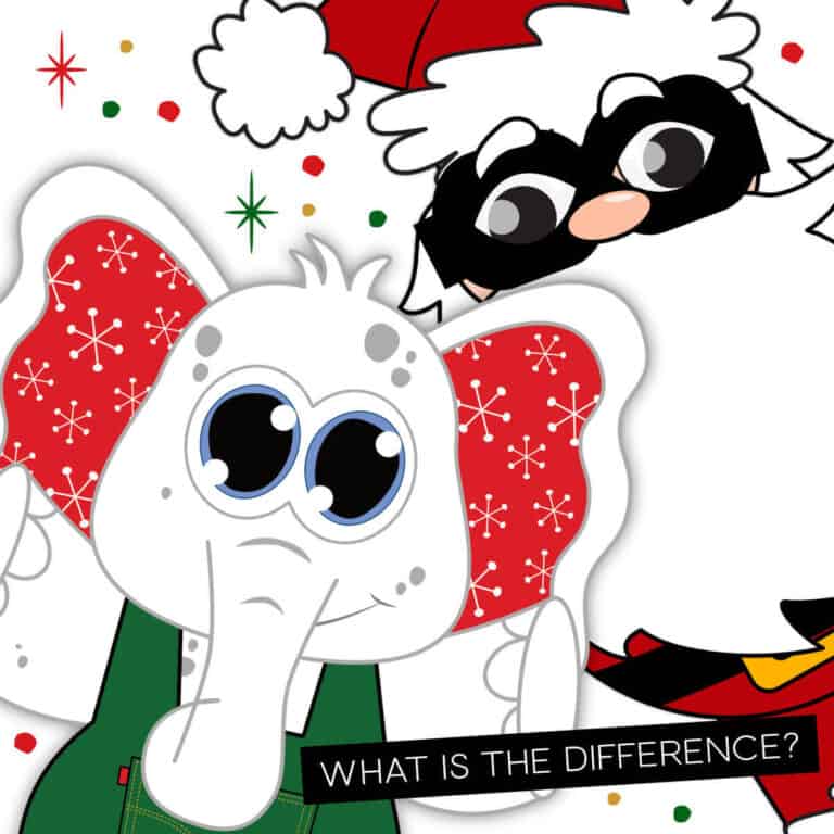Image of a clipart Santa wearing thief glasses and a clipart white elephant.
