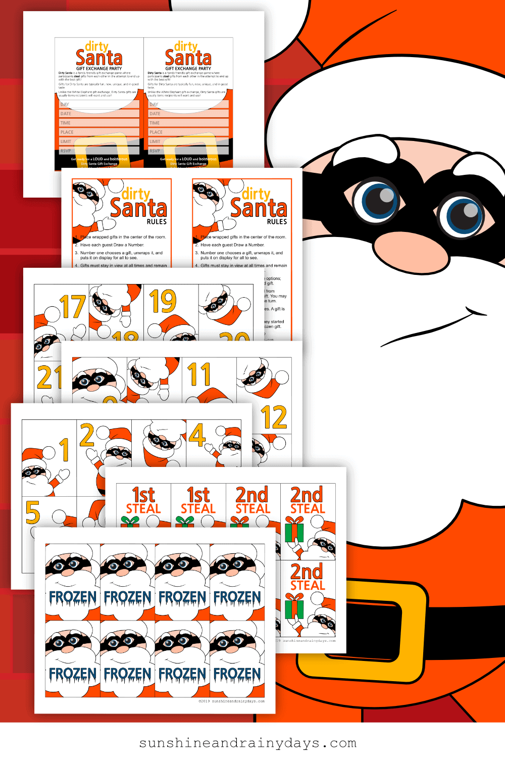 Santa with a thief mask and Dirty Santa Game Cards