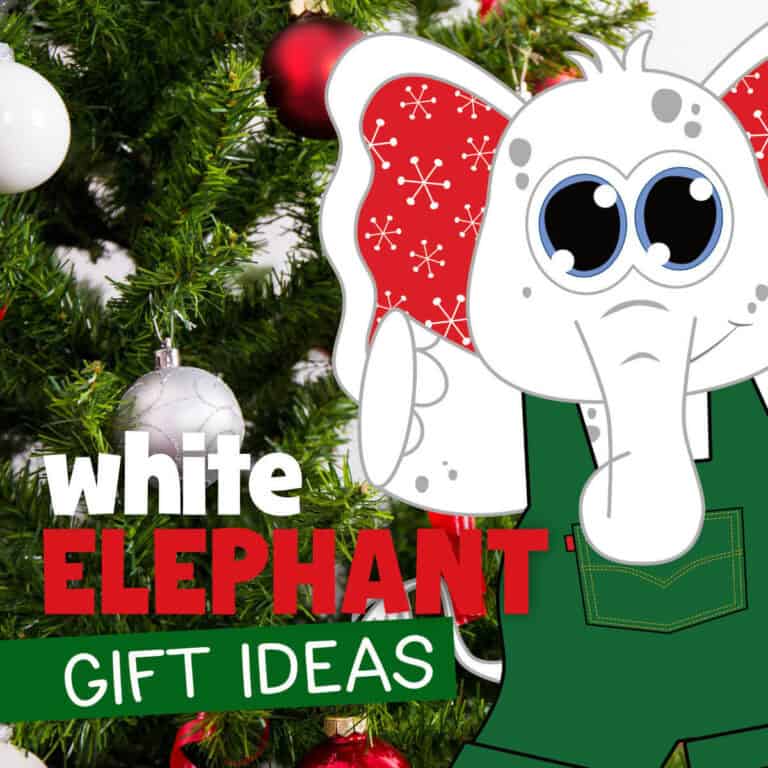 Image of a Christmas tree with a clipart white elephant in front with the words, White Elephant Gift Ideas.