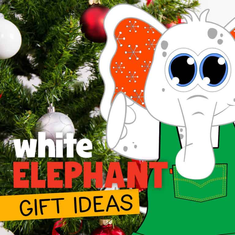 Image of a Christmas tree with a clipart white elephant in front with the words, White Elephant Gift Ideas.