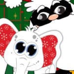 Image of a clipart Santa wearing a thief mask and a clipart white elephant.