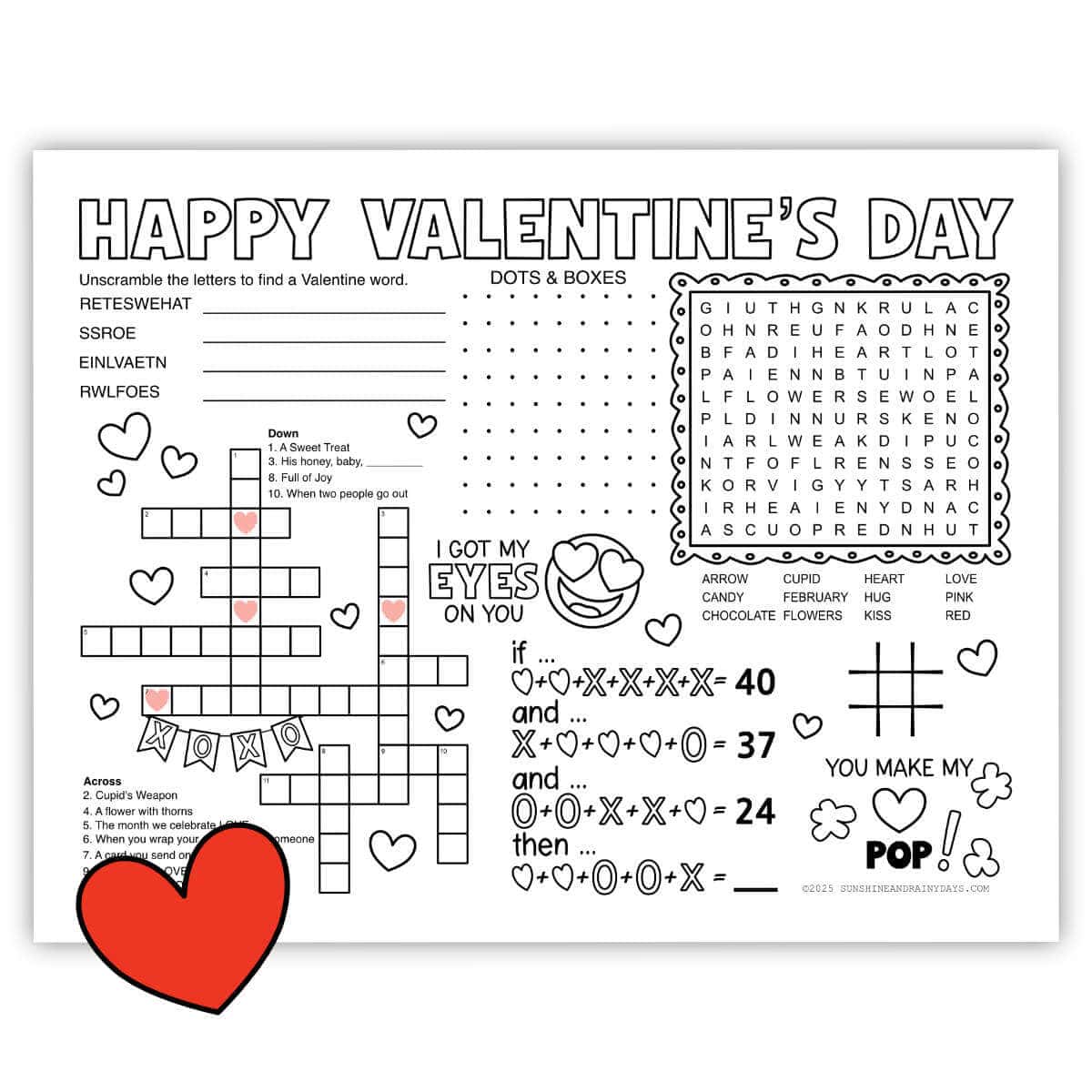 Image of a printable Valentine activity page with a clipart heart in front.