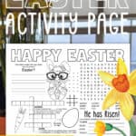 Image of an Easter Activity Placemat Printable with daffodils in front and large windows behind.