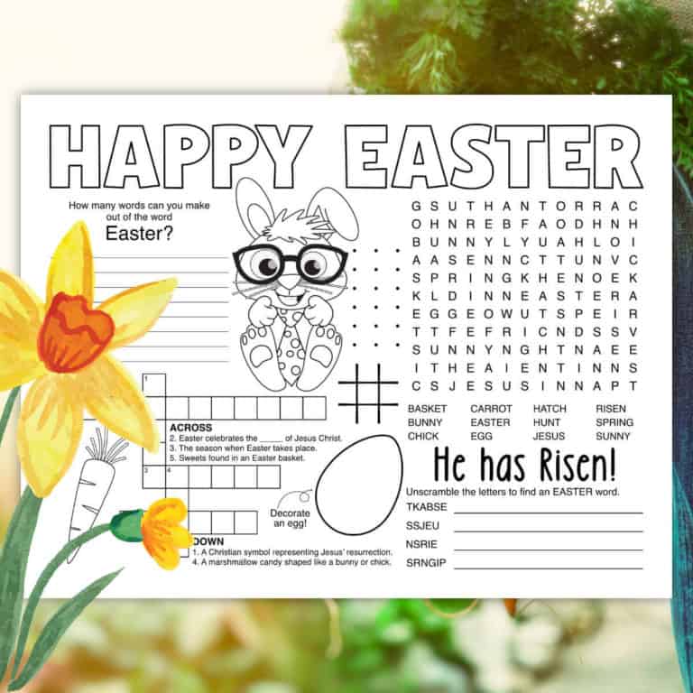 Image of an Easter Activity Placemat Printable with water color daffodils in front and a landscape blurred out in the back.