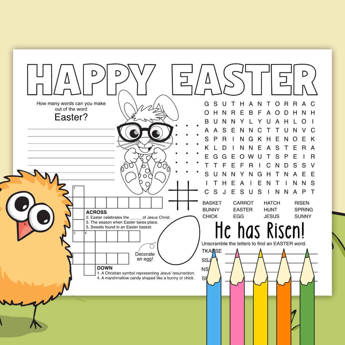 Image of an Easter Activity Placemat Printable with a yellow and green background and a chick and colored pencils in front.