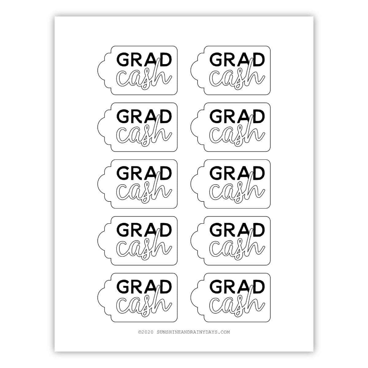 Image of a printable page with 10 Grad Cash tags on it.