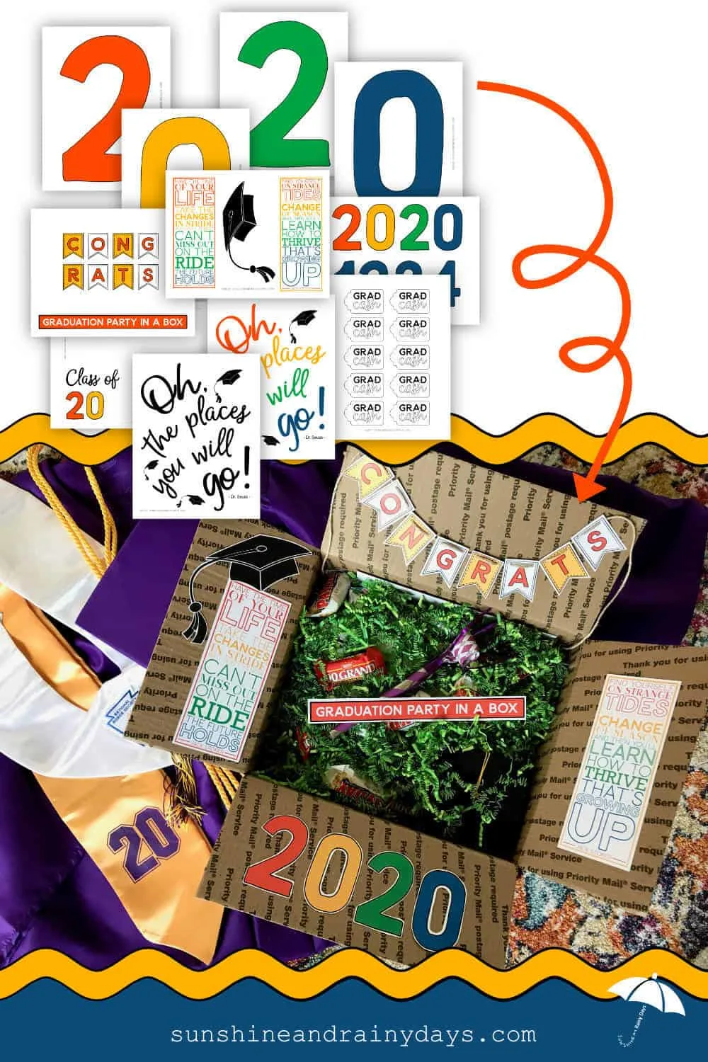 Graduation Printables used to decorate a Graduation Box full of Graduation Gifts and Party Supplies