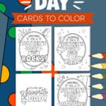 Image of four Father's Day cards to color with a clipart tie and colored pencils around them.