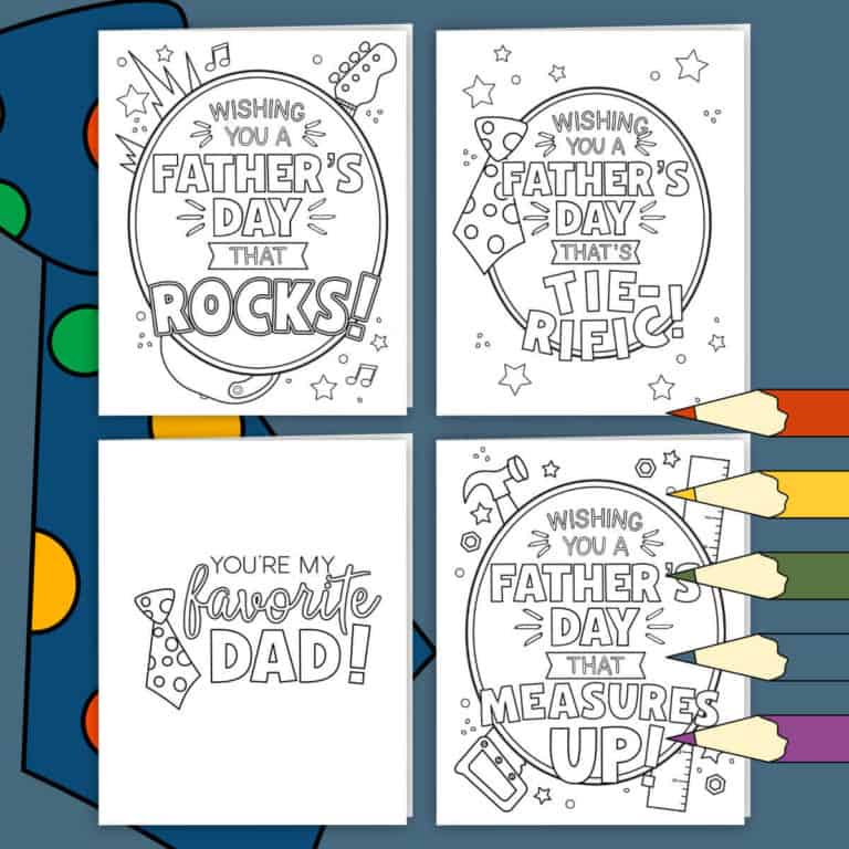 Image of four printable Father's Day cards to color with a clipart tie and colored pencils around them.