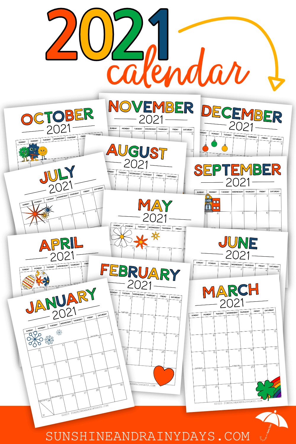 Printable 2021 Calendar - Sunshine and Rainy Days