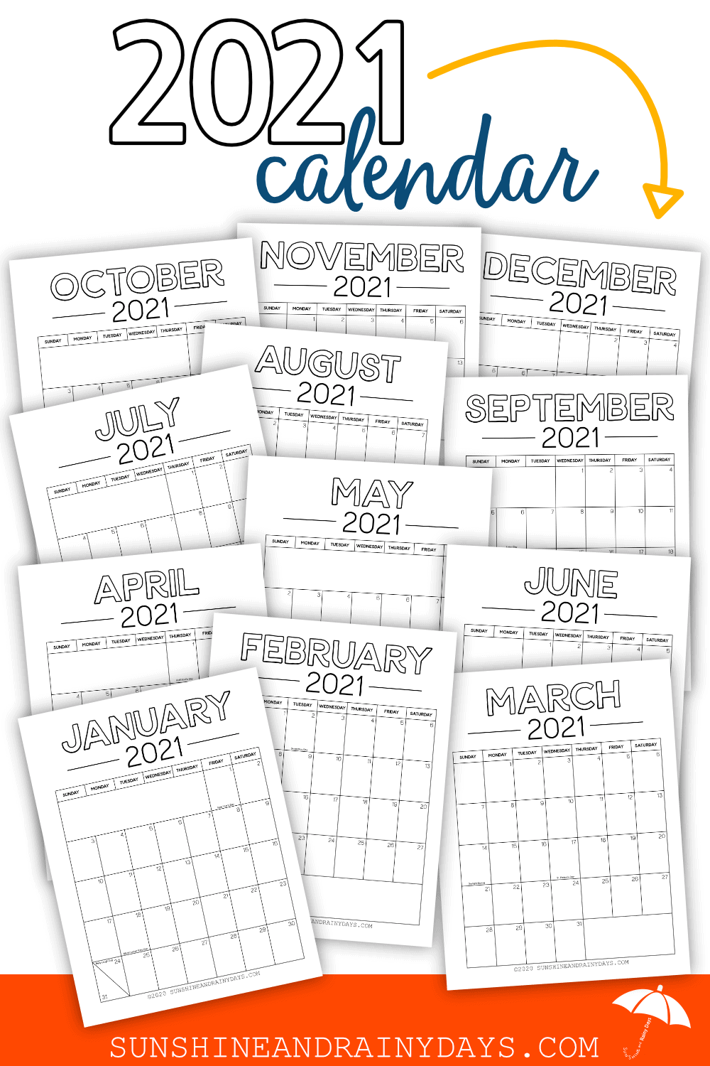 Printable 2021 Calendar - Sunshine and Rainy Days