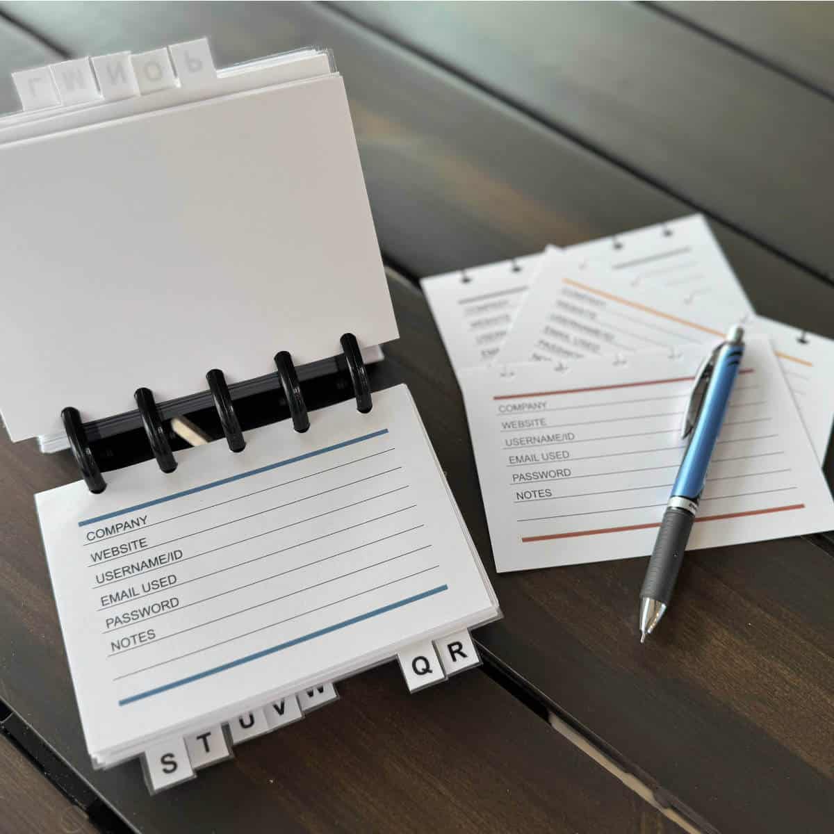 Image of a discbound password book with a few loose pages and a pen nearby.