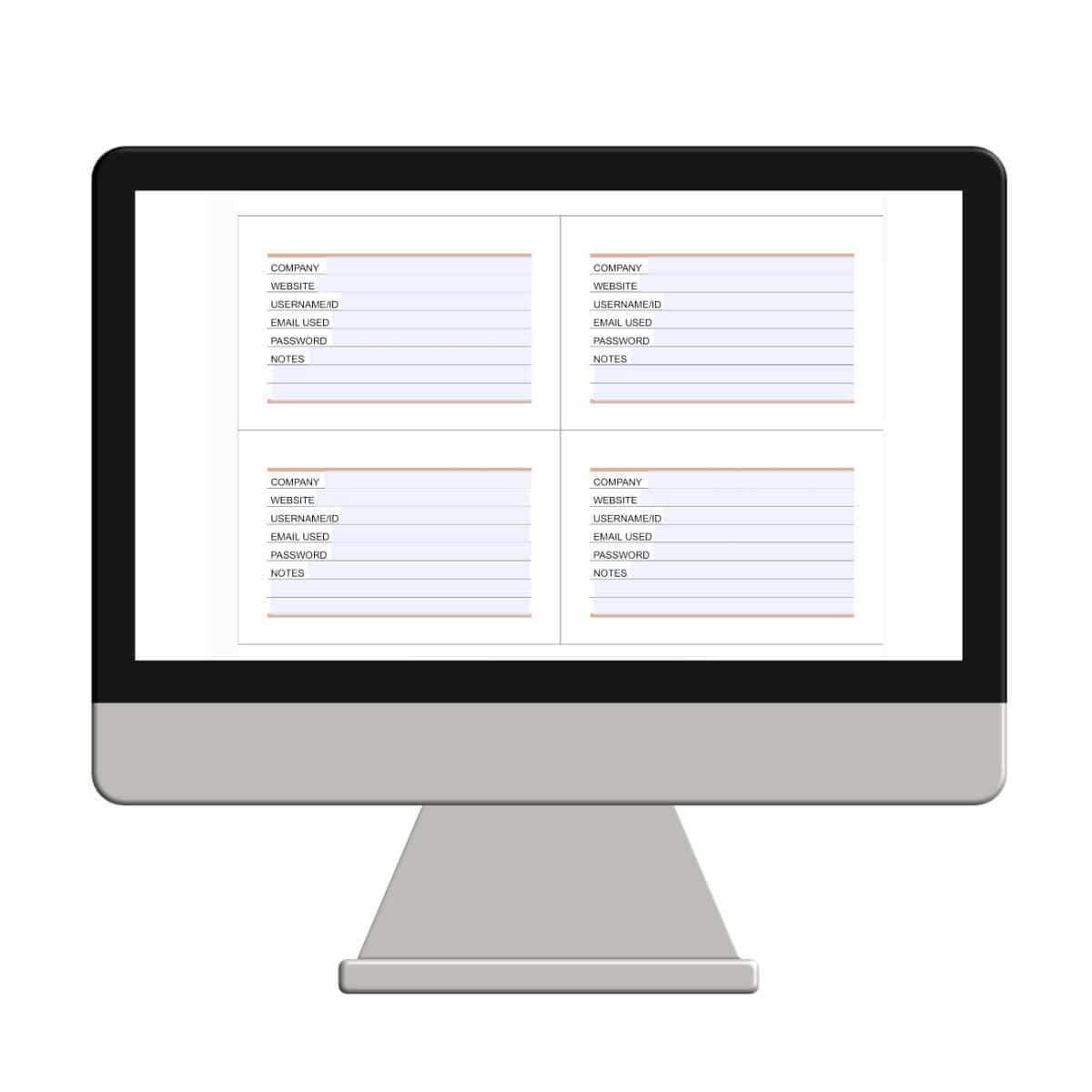 Image of four password keeper pages on one sheet open on a computer with blue fields for typing.