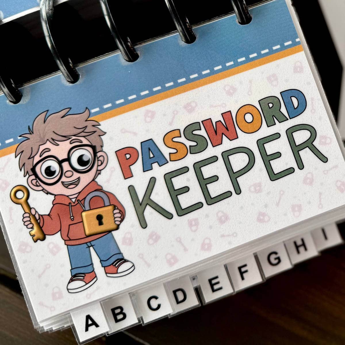 Image of a discbound password keeper featuring a little guy holding a lock and key.