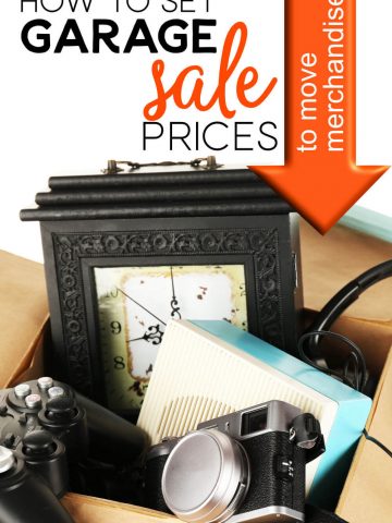 Box full of garage sale items with the words: How To Set Garage Sale Prices