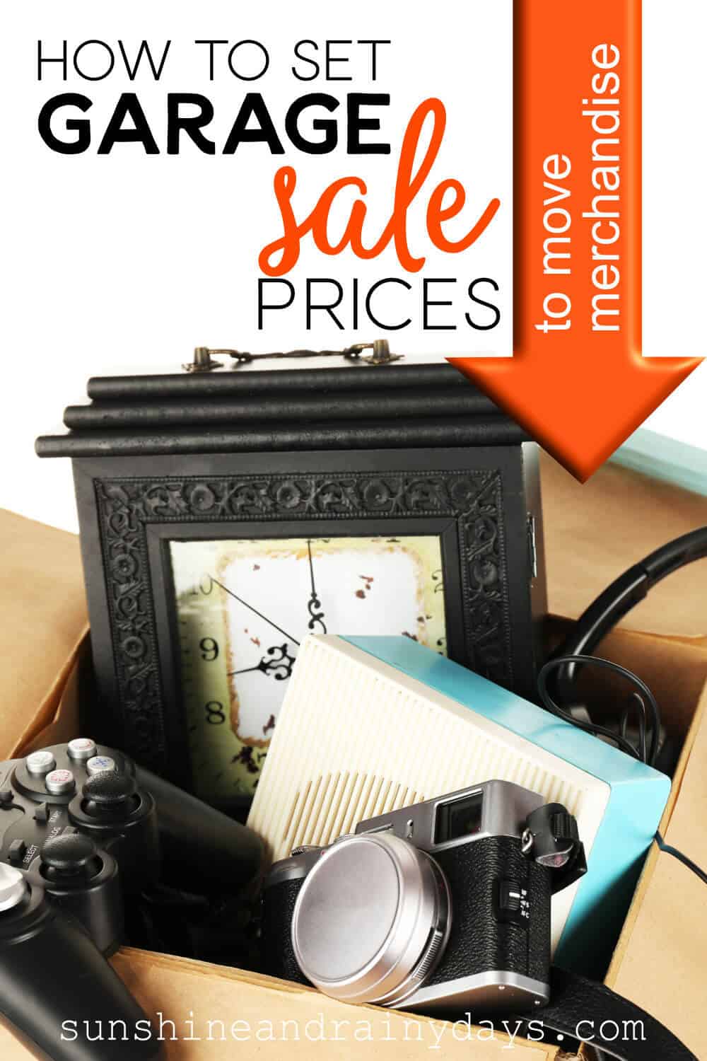 Box full of garage sale items with the words: How To Set Garage Sale Prices