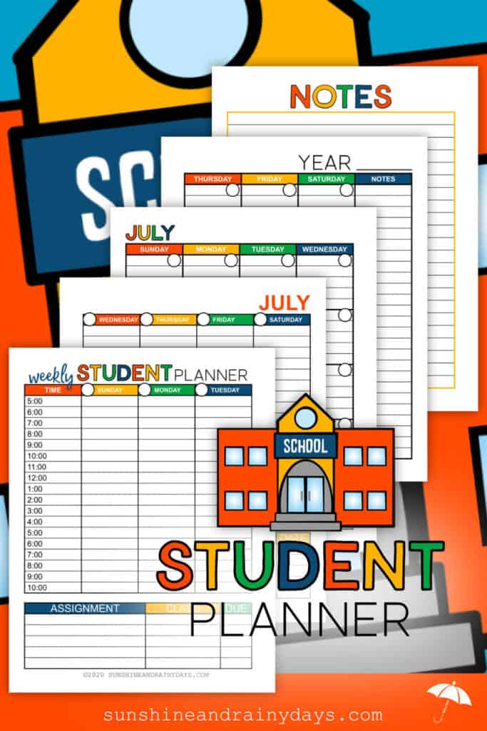 Printable Student Planner - Sunshine and Rainy Days