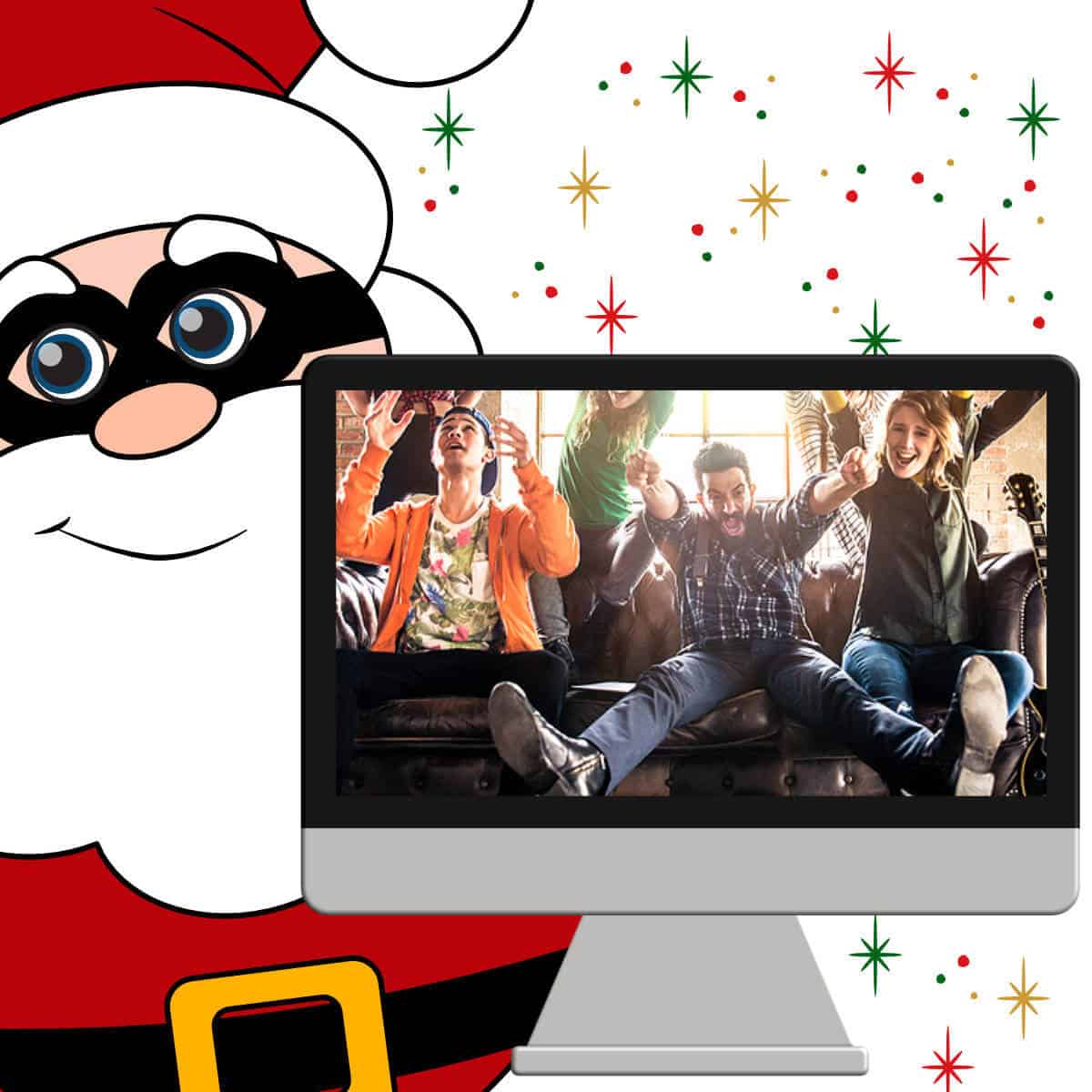 Image of a clipart Santa wearing thief glasses next to a computer with people celebrating on it.