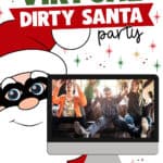 Image of a clipart Santa wearing thief glasses next to a computer with people celebrating on it.
