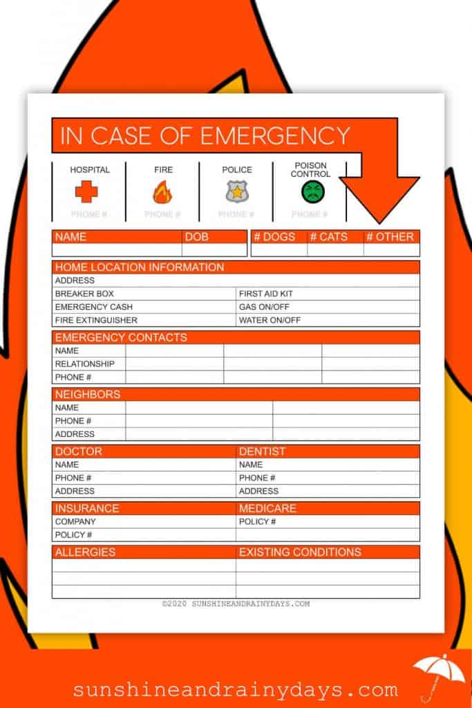 In Case Of Emergency Information Sheet