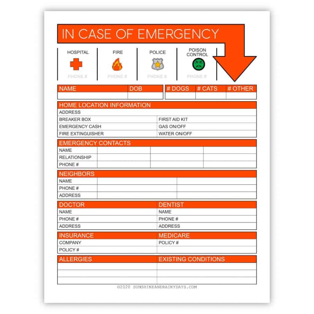 In Case Of Emergency Information Sheet Sunshine and Rainy Days