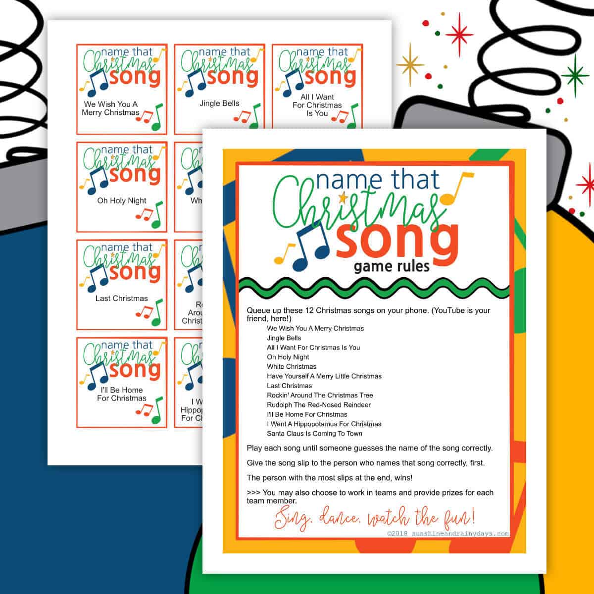 Image of three Christmas ornaments with two printable pages in front that say Name That Christmas Song.