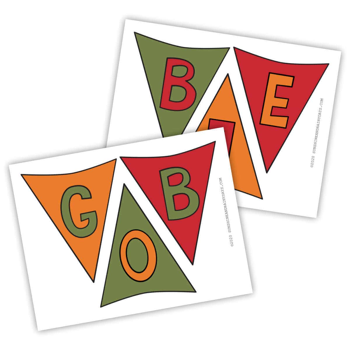 Printable pages with banner flags that spell out the word Gobble.