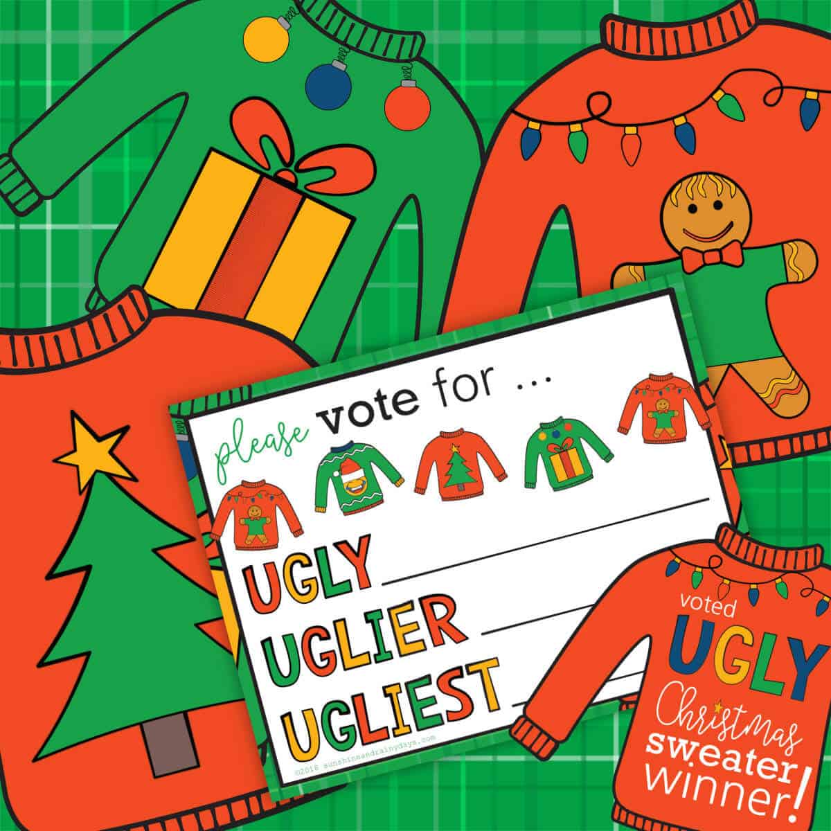 Image of clipart Ugly Christmas Sweaters with a printable voting card.