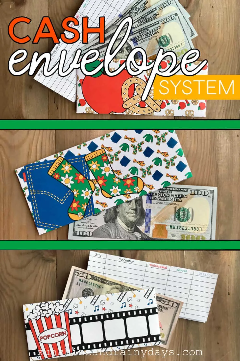 Cash Envelopes with cash and register and the words: Cash Envelope System