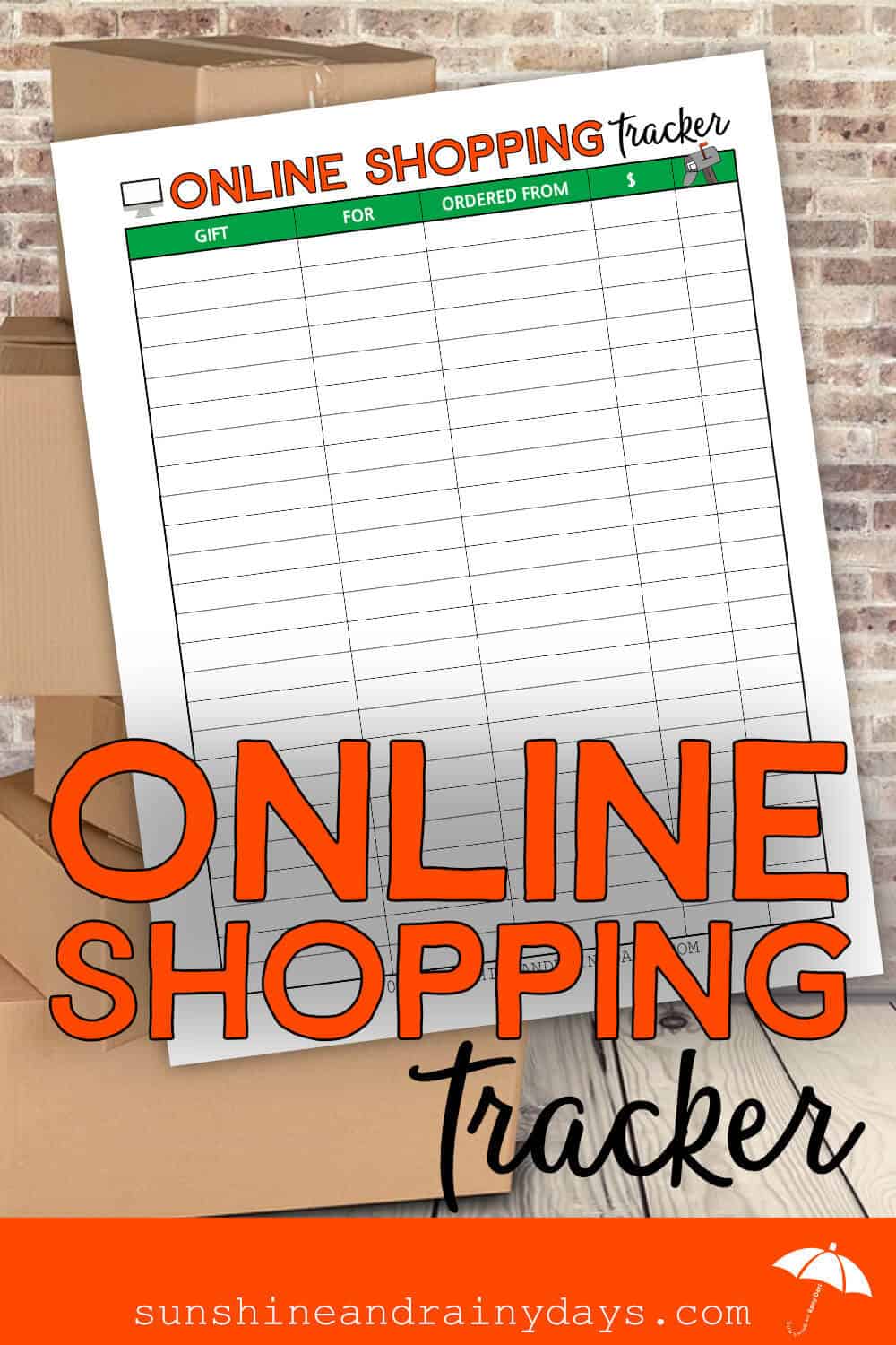 Online Shopping Tracker Printable with a stack of boxes.