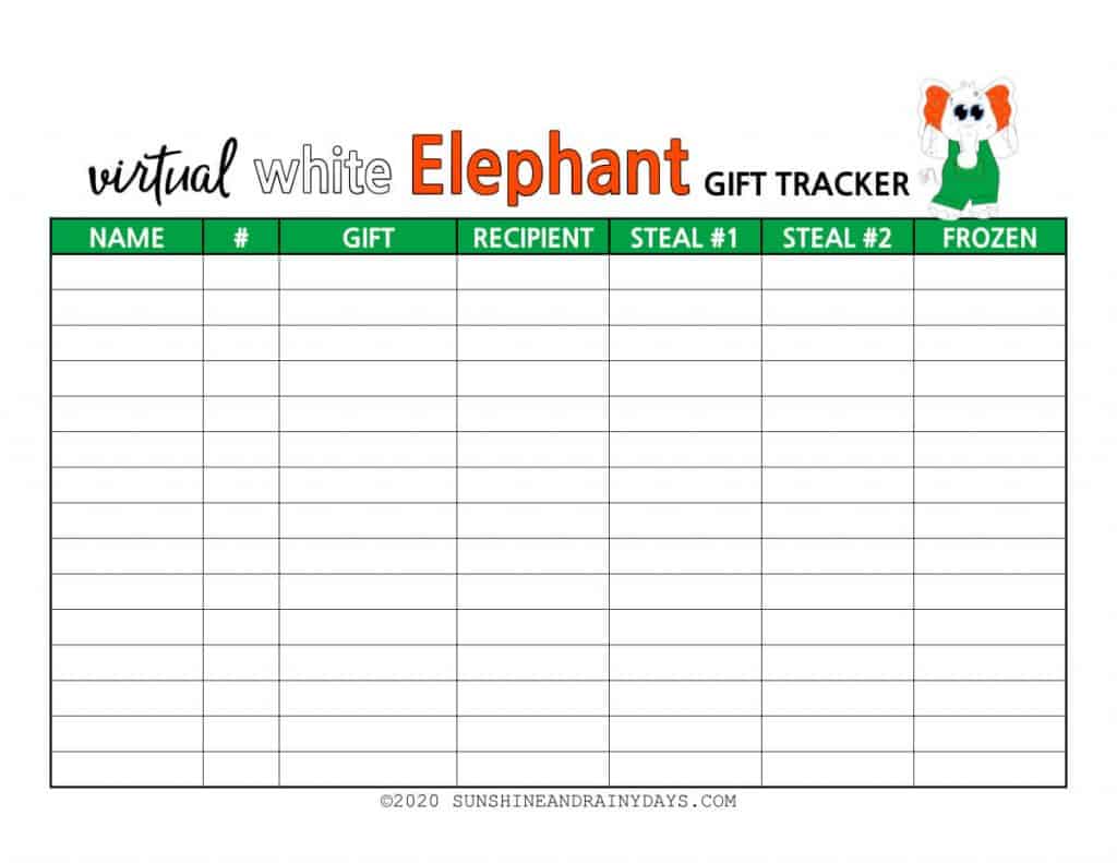 Virtual White Elephant Gift Tracker to print