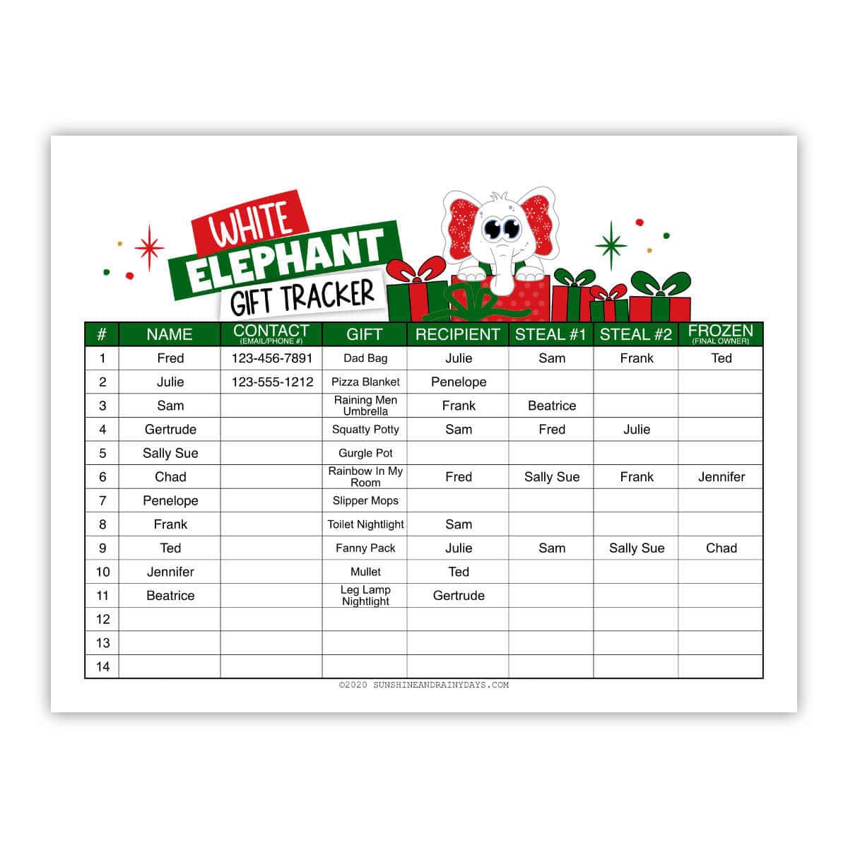 Image of a sample printable White Elephant Gift Tracker.