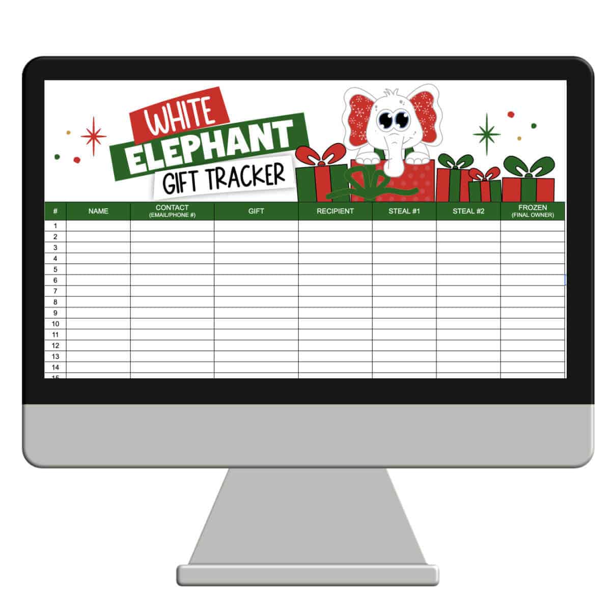 Image of a clipart computer with a White Elephant Gift Tracker Google Sheet open on it.