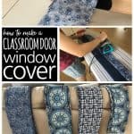 Cutting and ironing fabric with the words: How To Make A Classroom Door Window Covering