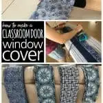 Cutting and ironing fabric with the words: How To Make A Classroom Door Window Covering