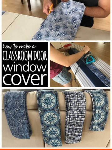 Cutting and ironing fabric with the words: How To Make A Classroom Door Window Covering