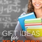 Teacher in front of a blackboard, holding books, with the words: Gift Ideas For Teachers