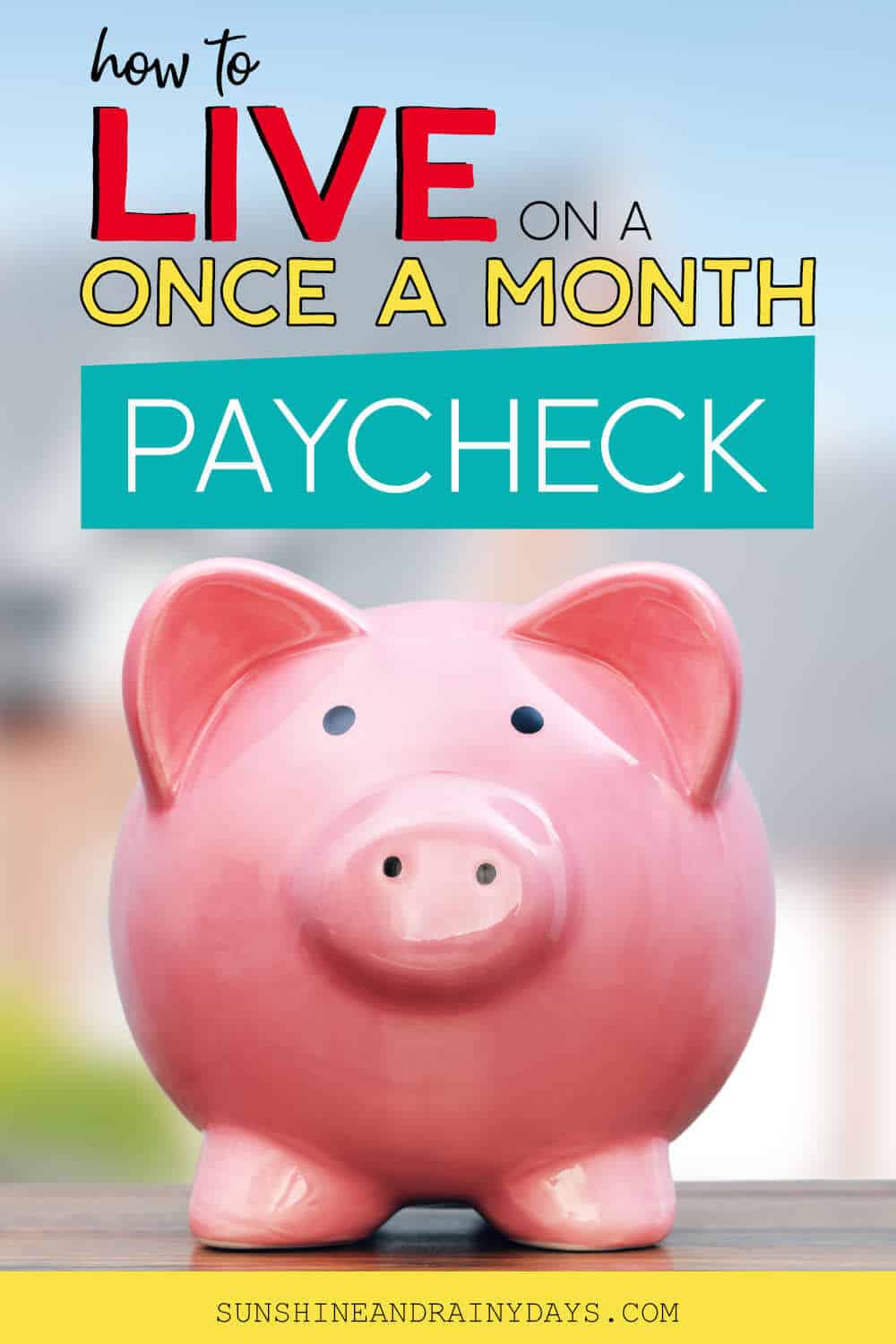 Piggy Bank with the words: How To Live On A Once A Month Paycheck