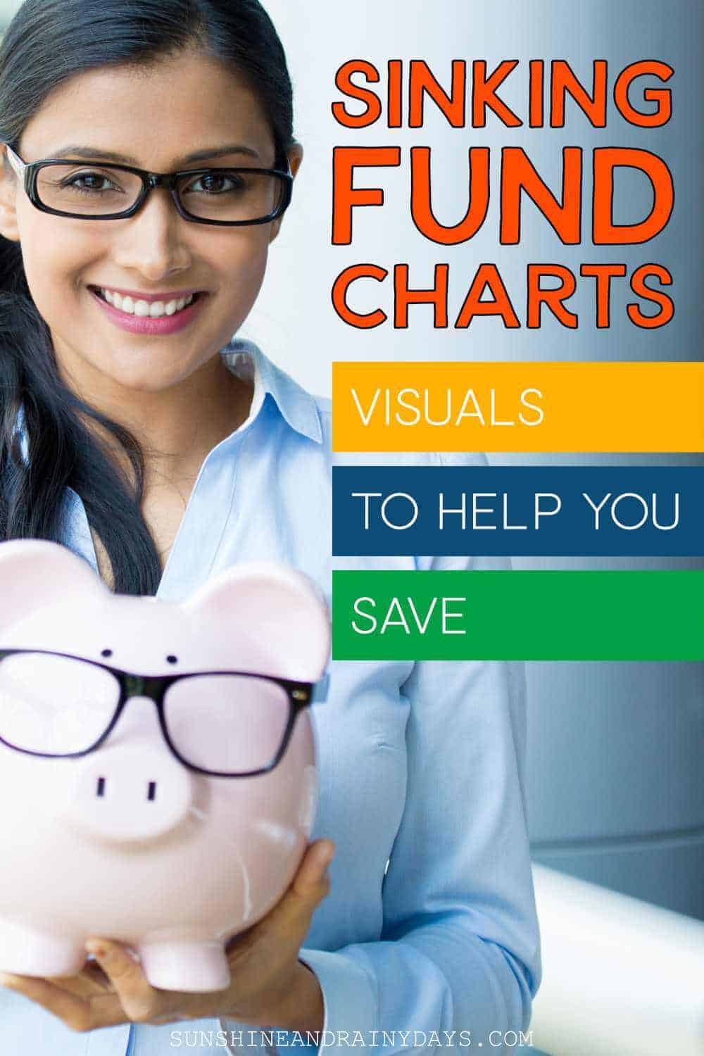 Lady holding piggy bank with the words: Sinking Fund Charts, Visuals To Help You Save