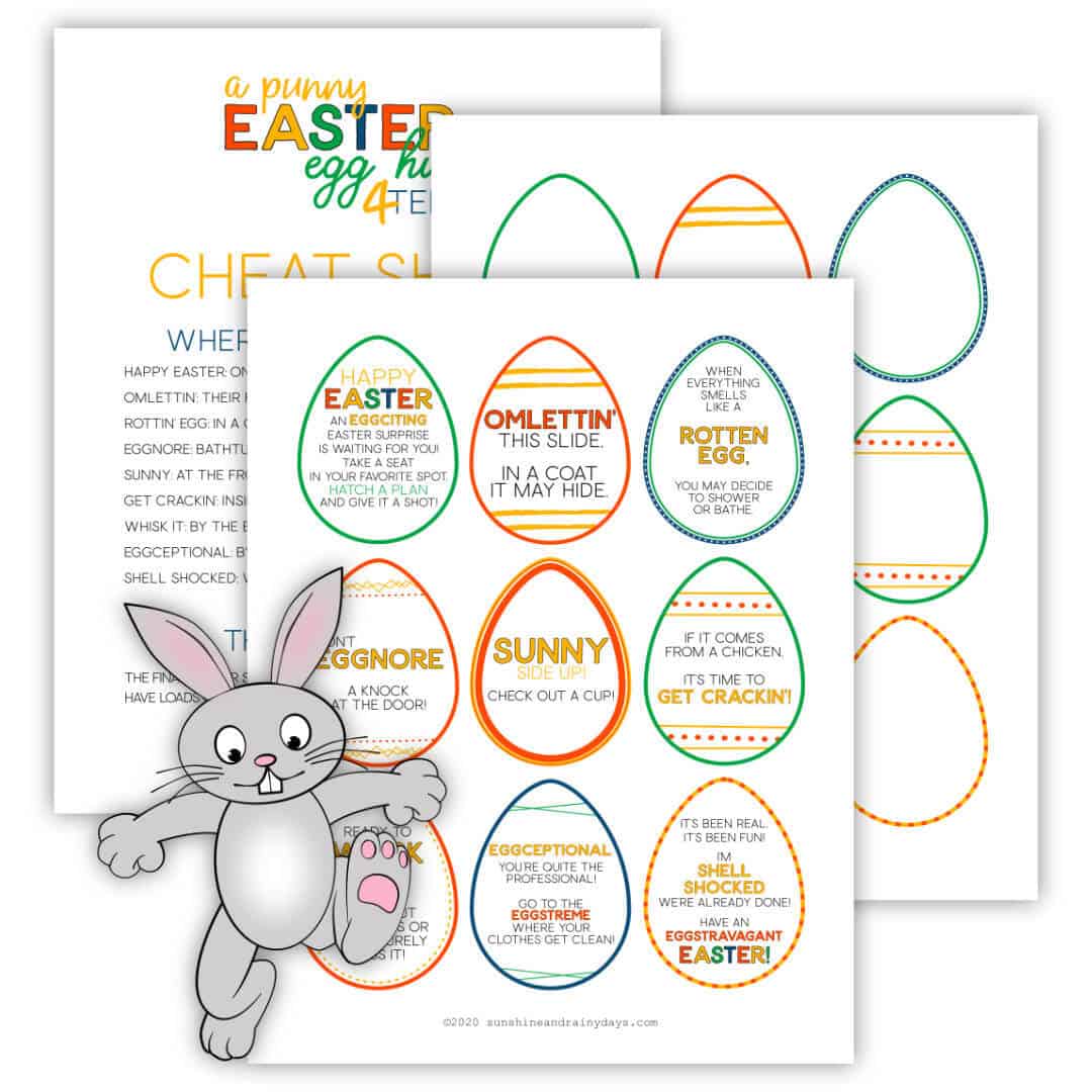 Image of three printable pages with clues in egg shapes for an Easter Egg Hunt.