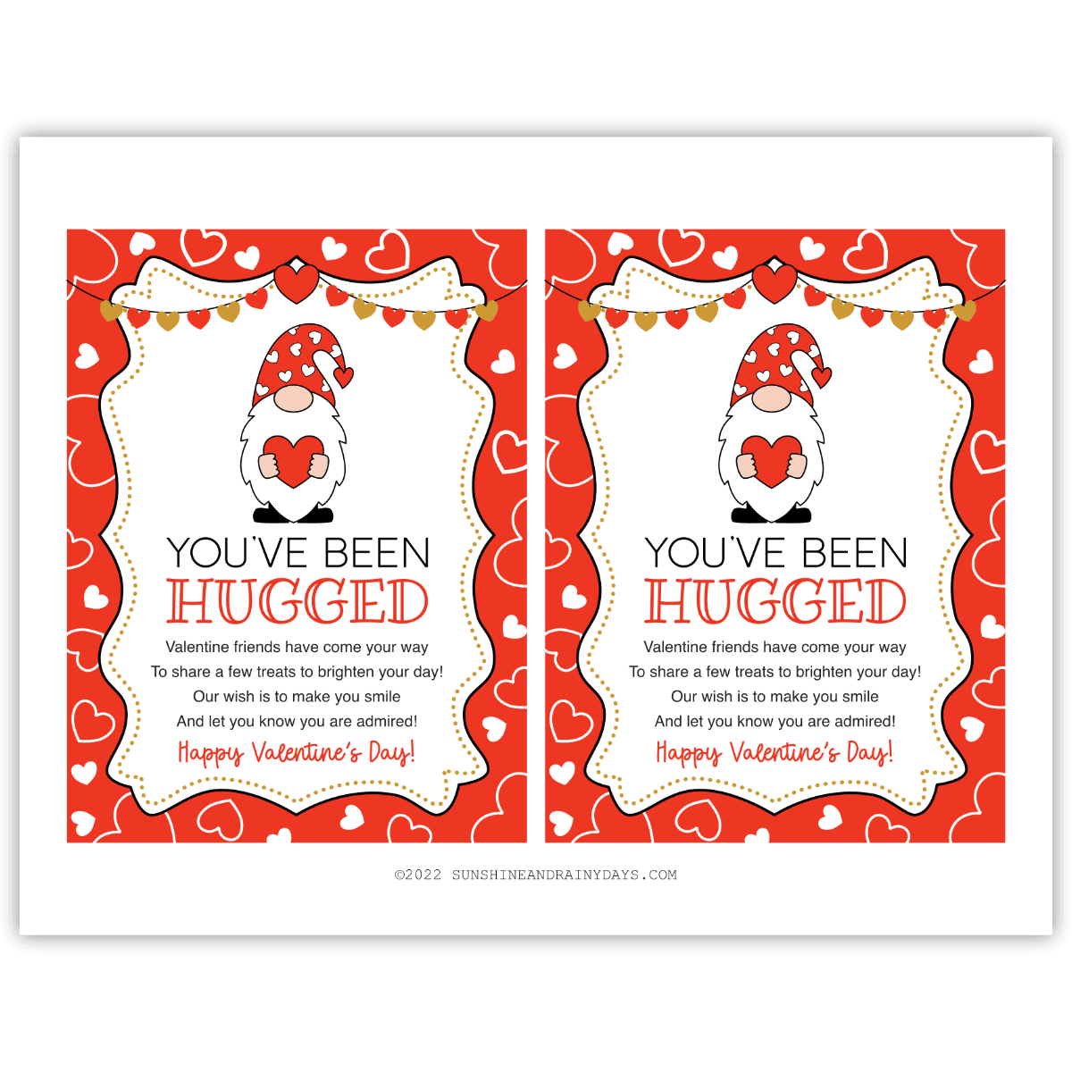 Printable page with two You've Been Hugged tags on it featuring a Valentine gnome.