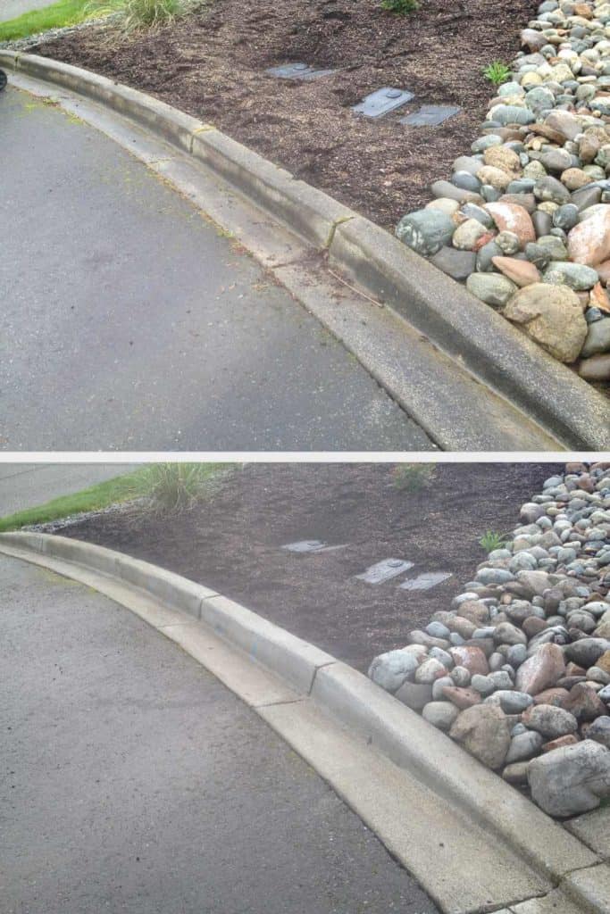 Curb before and after power washing.